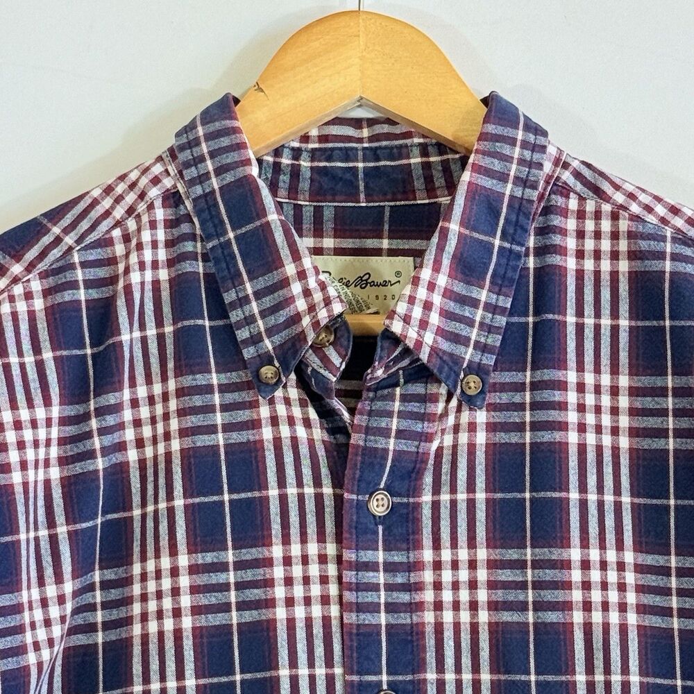 Eddie Bauer Mens XL Shirt Maroon Navy Plaid Long‎ Sleeve Button Front Cabincore - Picture 2 of 7